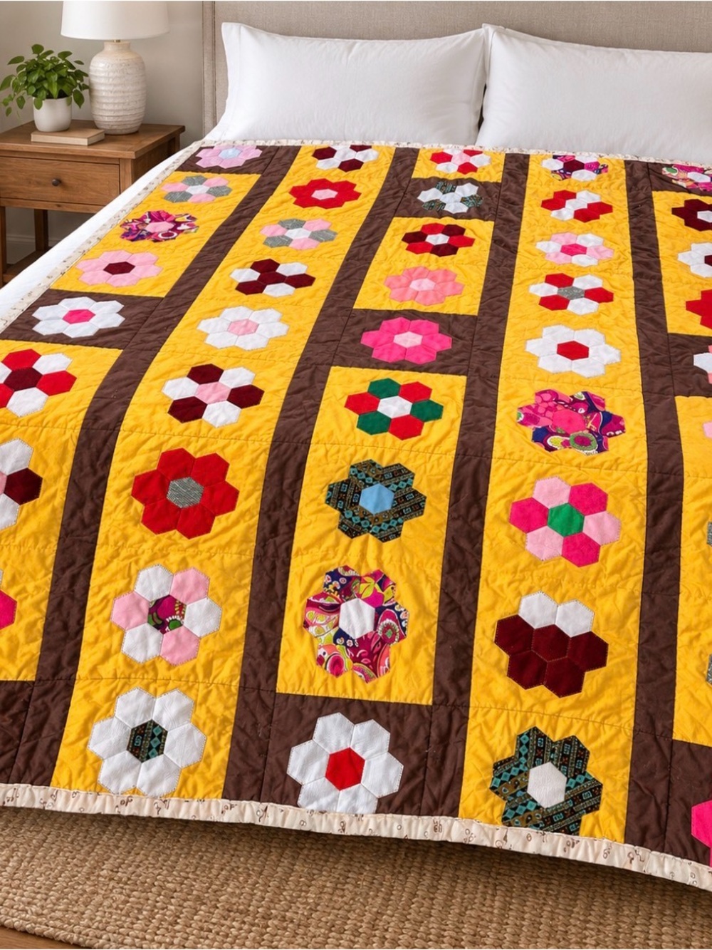 Vintage Handmade Yellow Floral Hexagon Patchwork Quilt 79”x69”